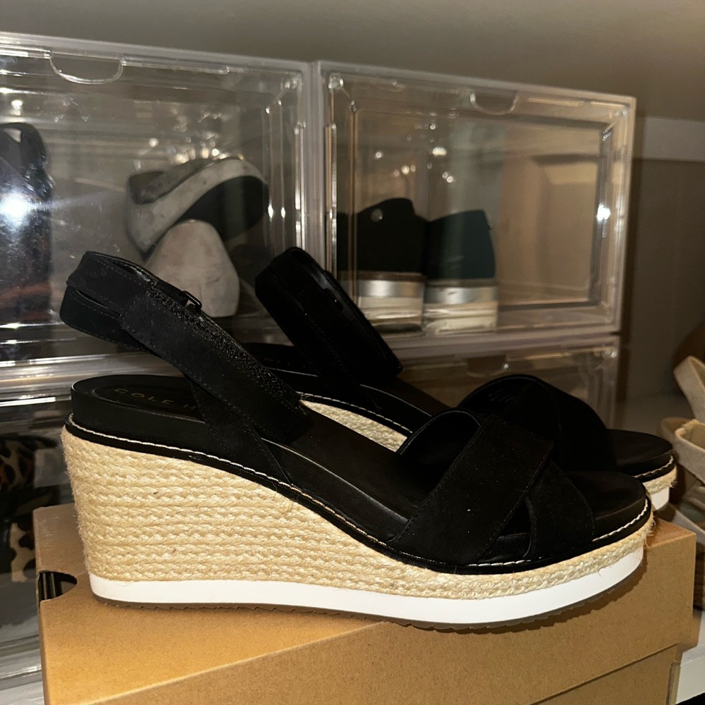 Cole Haan Black and Tan Wedge Sandals
